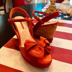 Prada Red/Orange Suede Wedge Open Toes Heels with Ribbon Gold Logo Women's Size